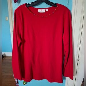 Quacker Factory Women's Med Red Long Sleeve Jersey Knit W Jeweled Neck